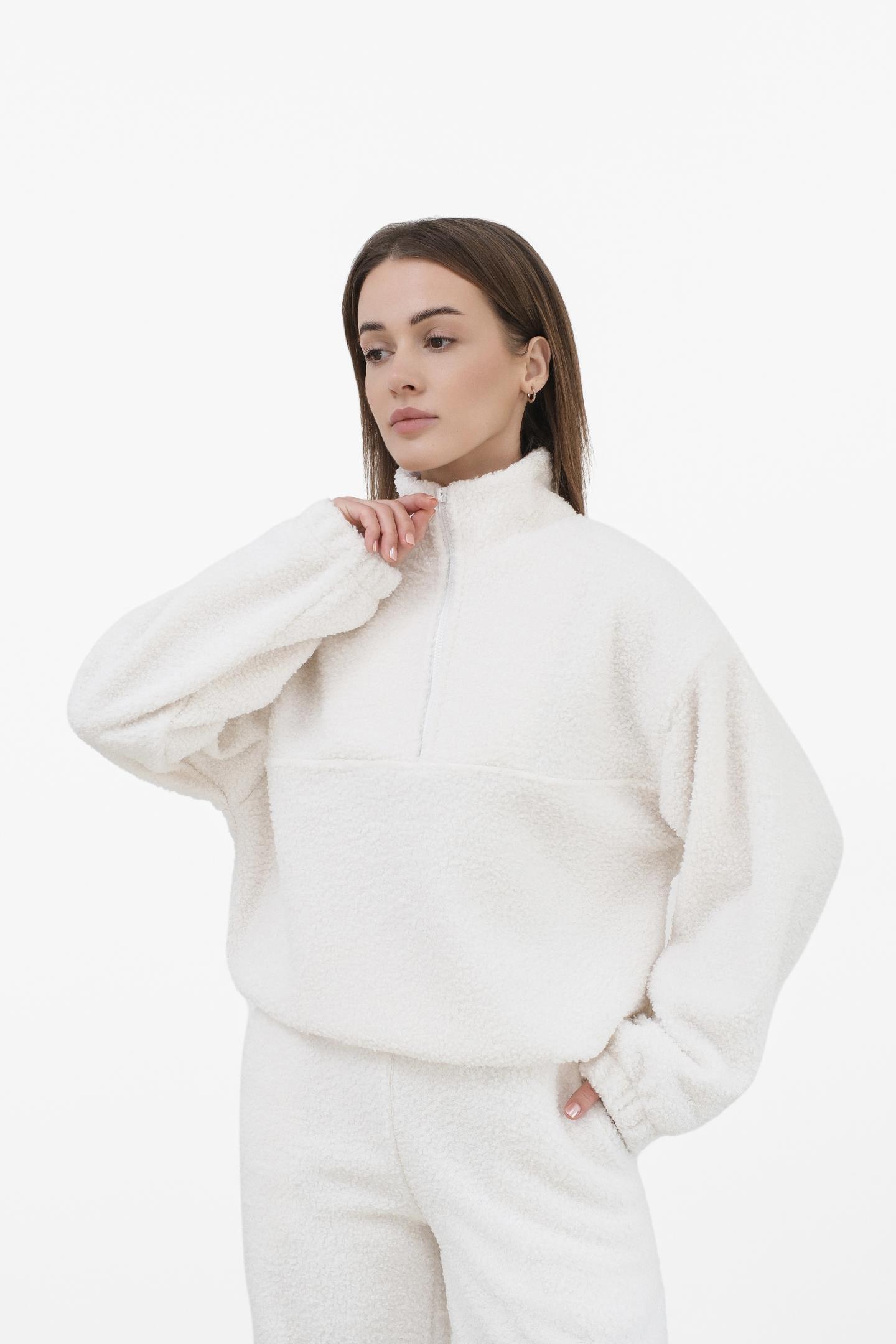 Флісове тедді-худі з коміром на блискавці Молоко