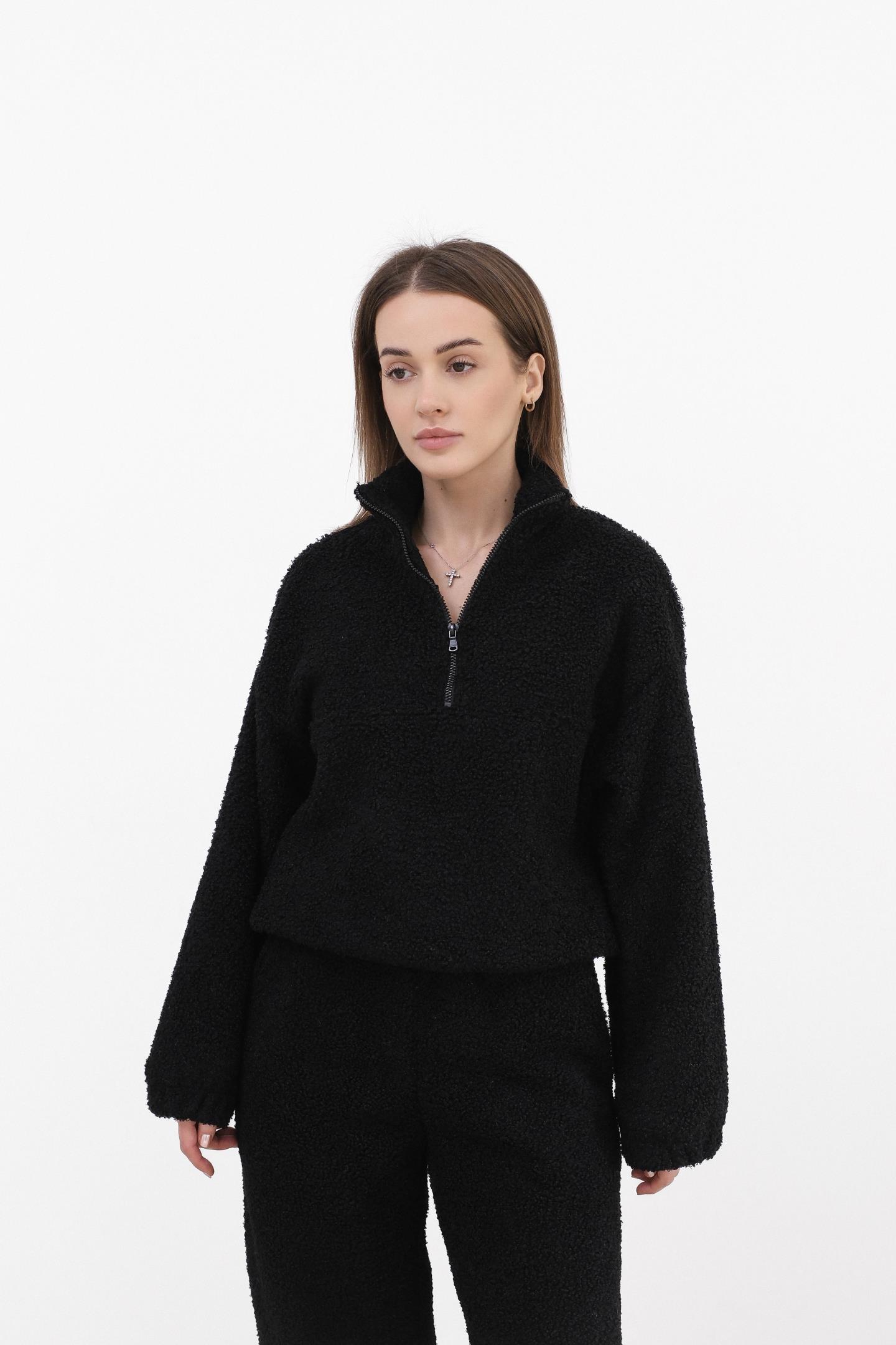 Флісове тедді-худі з коміром на блискавці Чорний