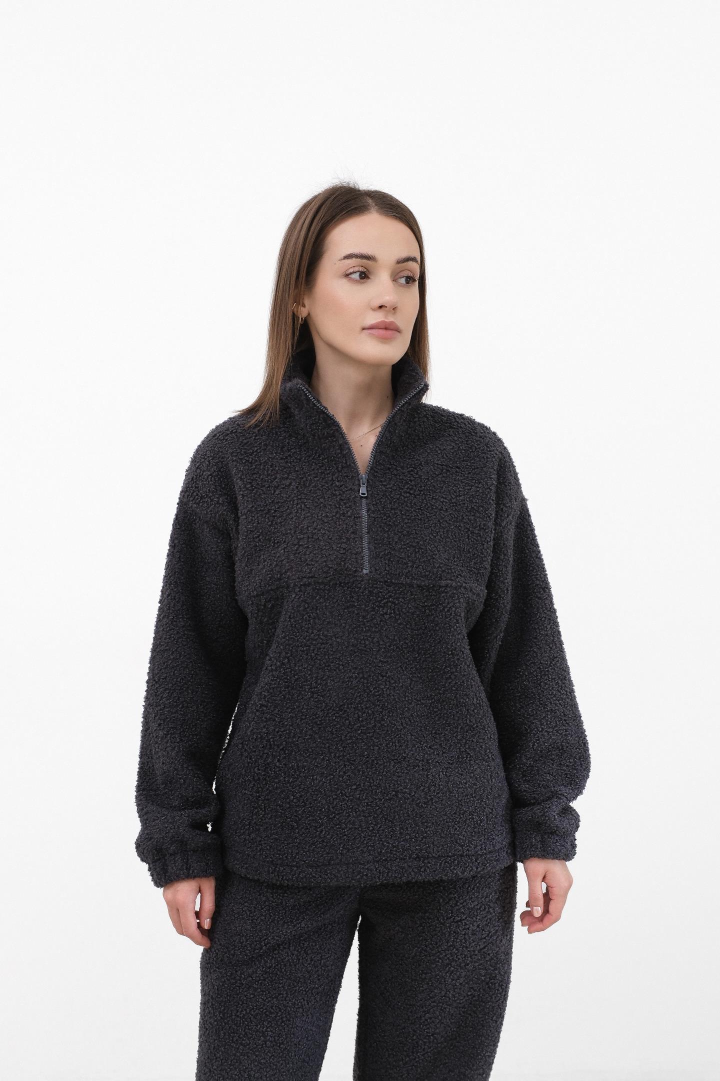 Флісове тедді-худі з коміром на блискавці Антрацит