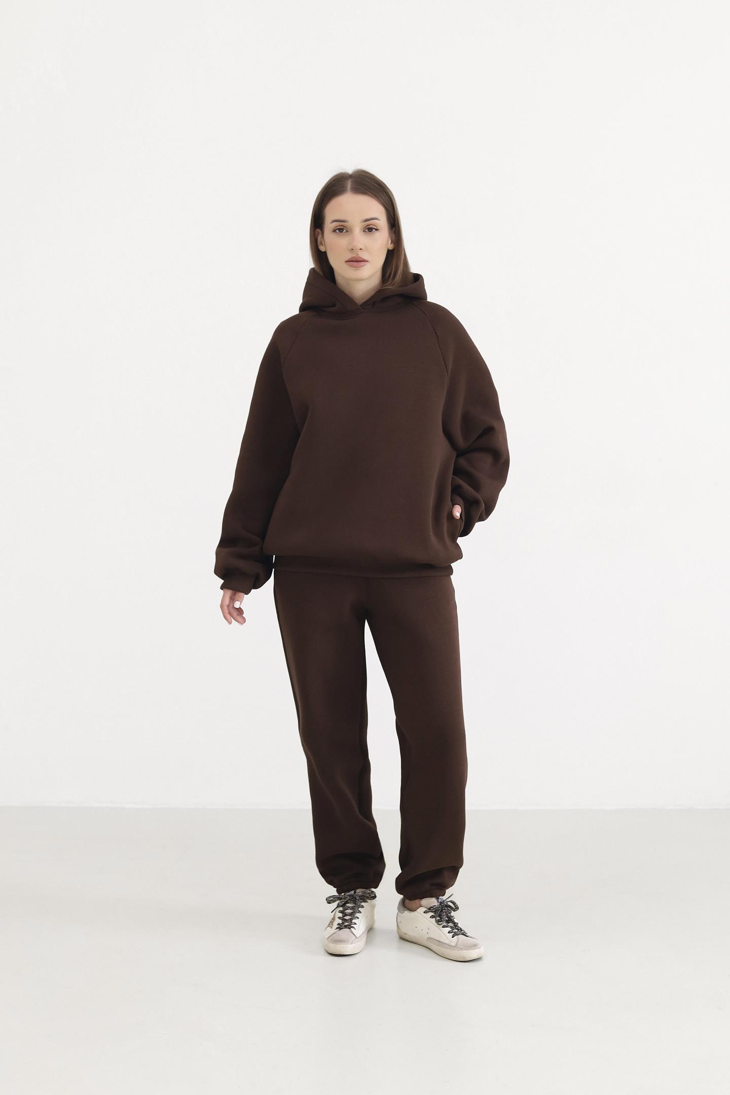 Теплий жіночий костюм з худі та джогерами Шоколад