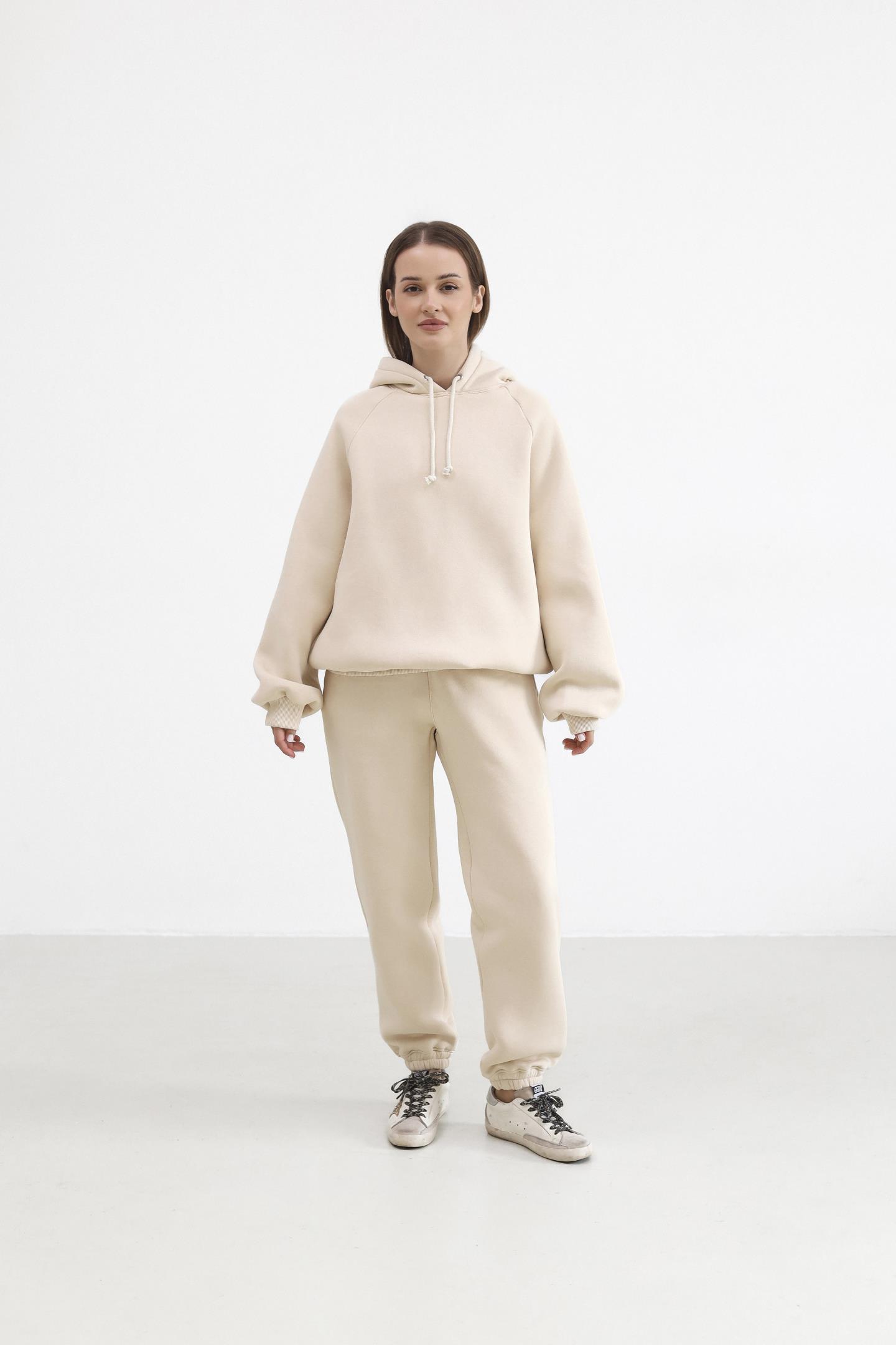 Теплий жіночий костюм з худі та джогерами Кремовий