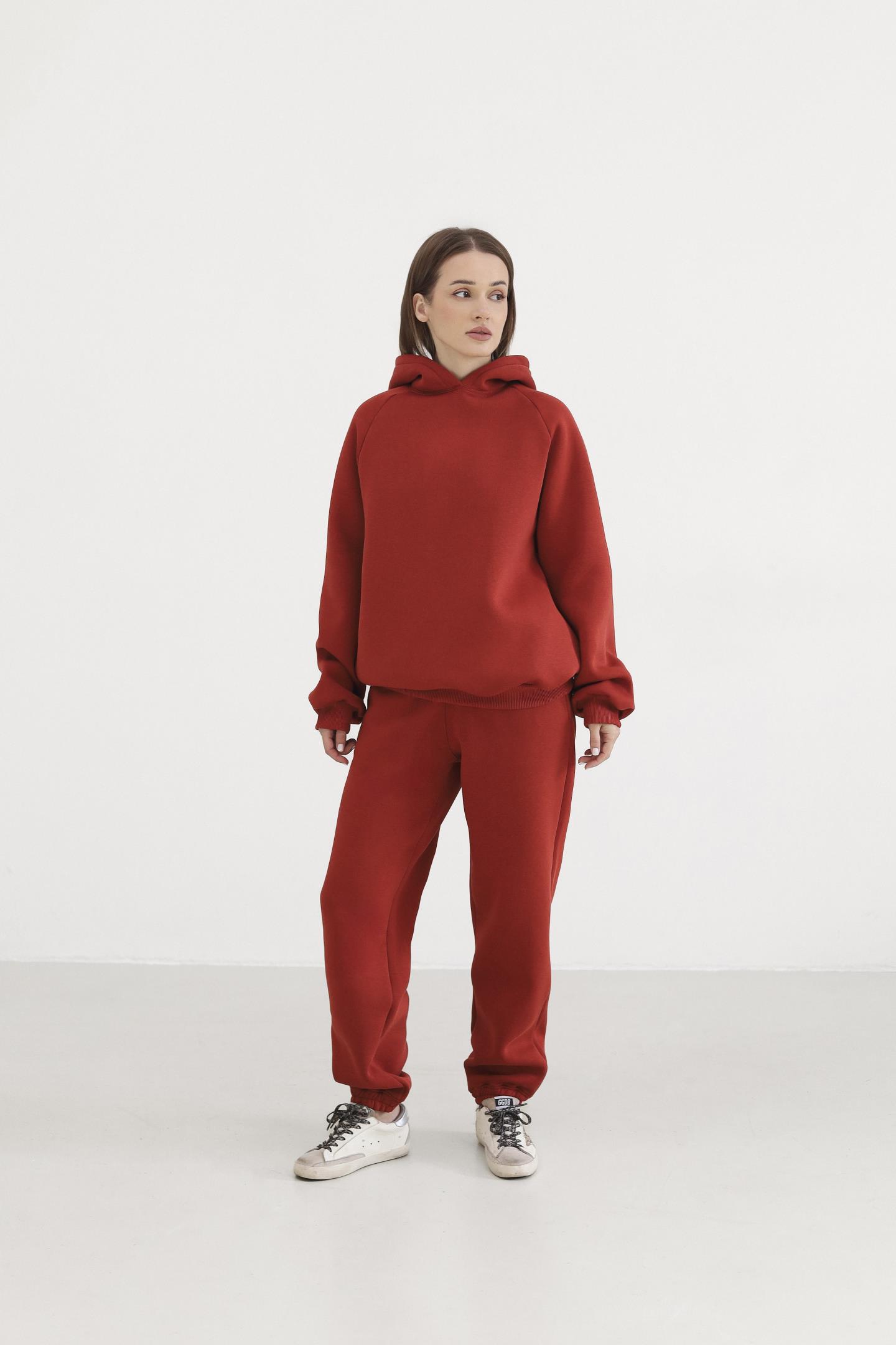 Теплий жіночий костюм з худі та джогерами Терракот