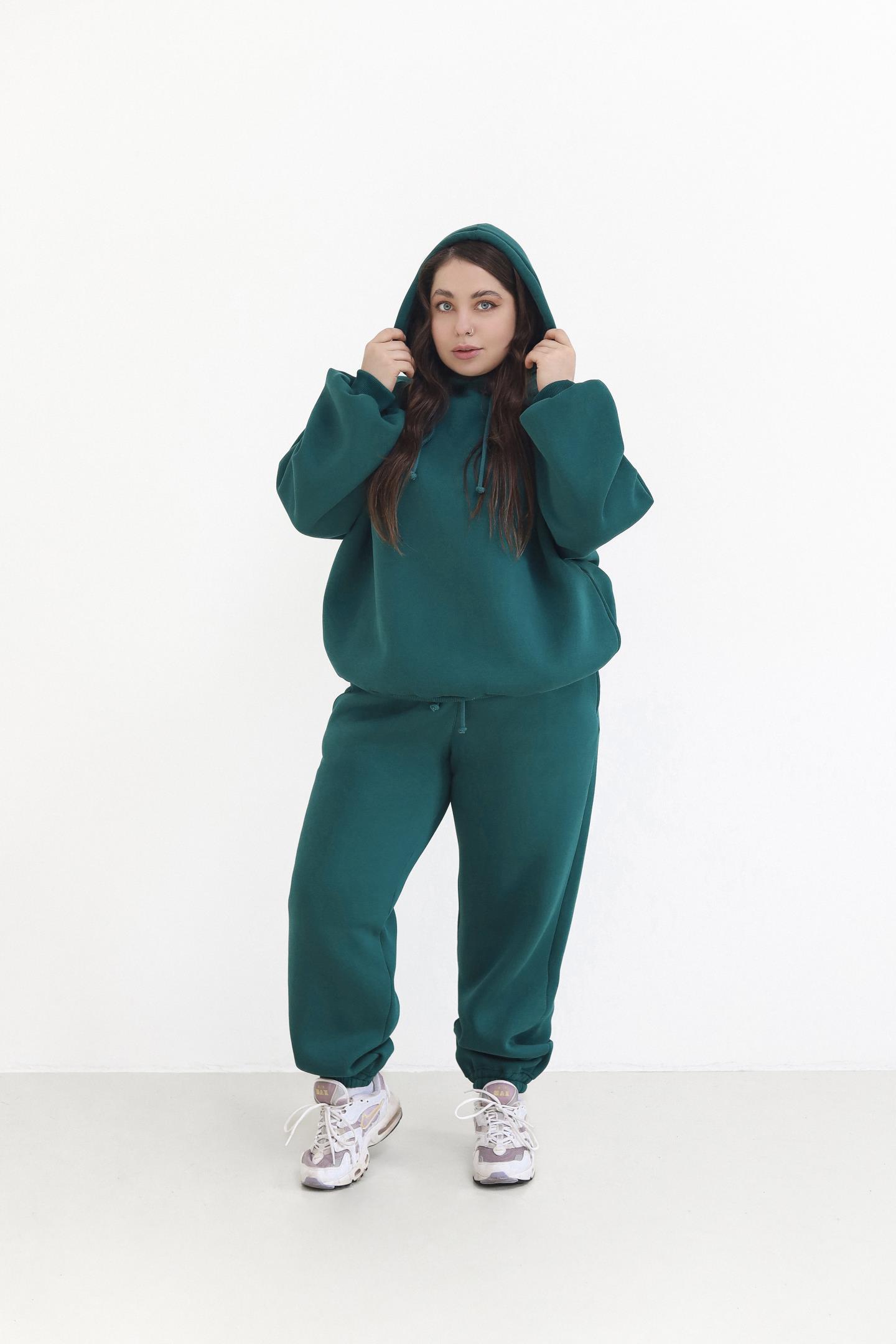 Теплий жіночий костюм з худі та джогерами Смарагдовий