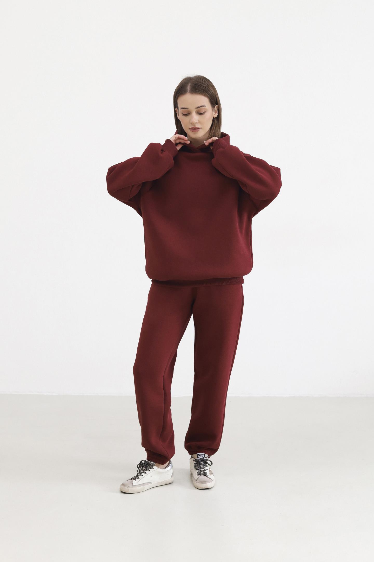 Теплий жіночий костюм з худі та джогерами Бордо