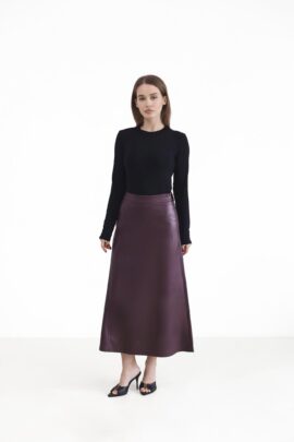 Шкіряна спідниця міді з розкльошеним кроєм Бордо