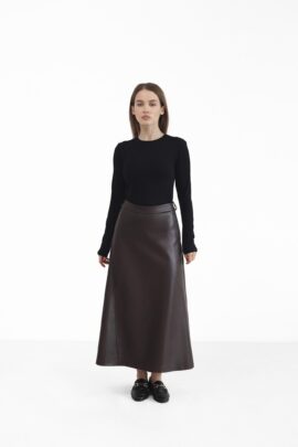 Шкіряна спідниця міді з розкльошеним кроєм Шоколад