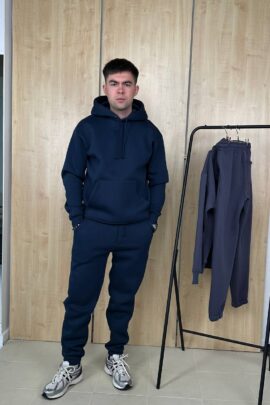 Чоловічий утеплений костюм з худі Темно синій