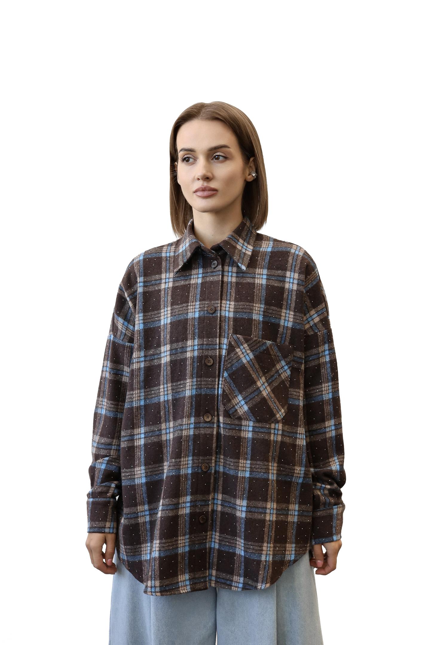 Тепла картата сорочка oversize зі стразами Шоколад