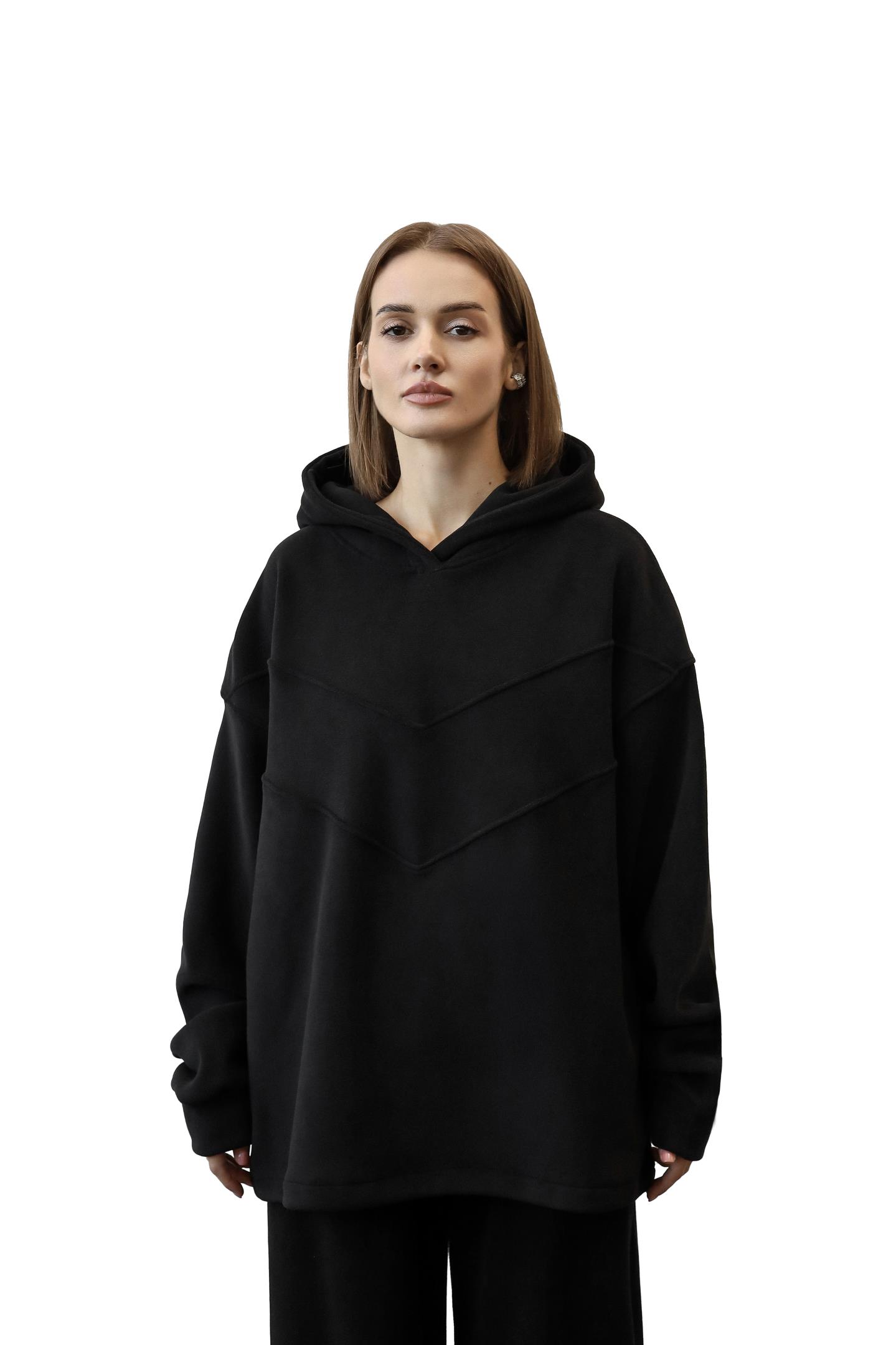 Флісове худі oversize з декоративними швами Чорний