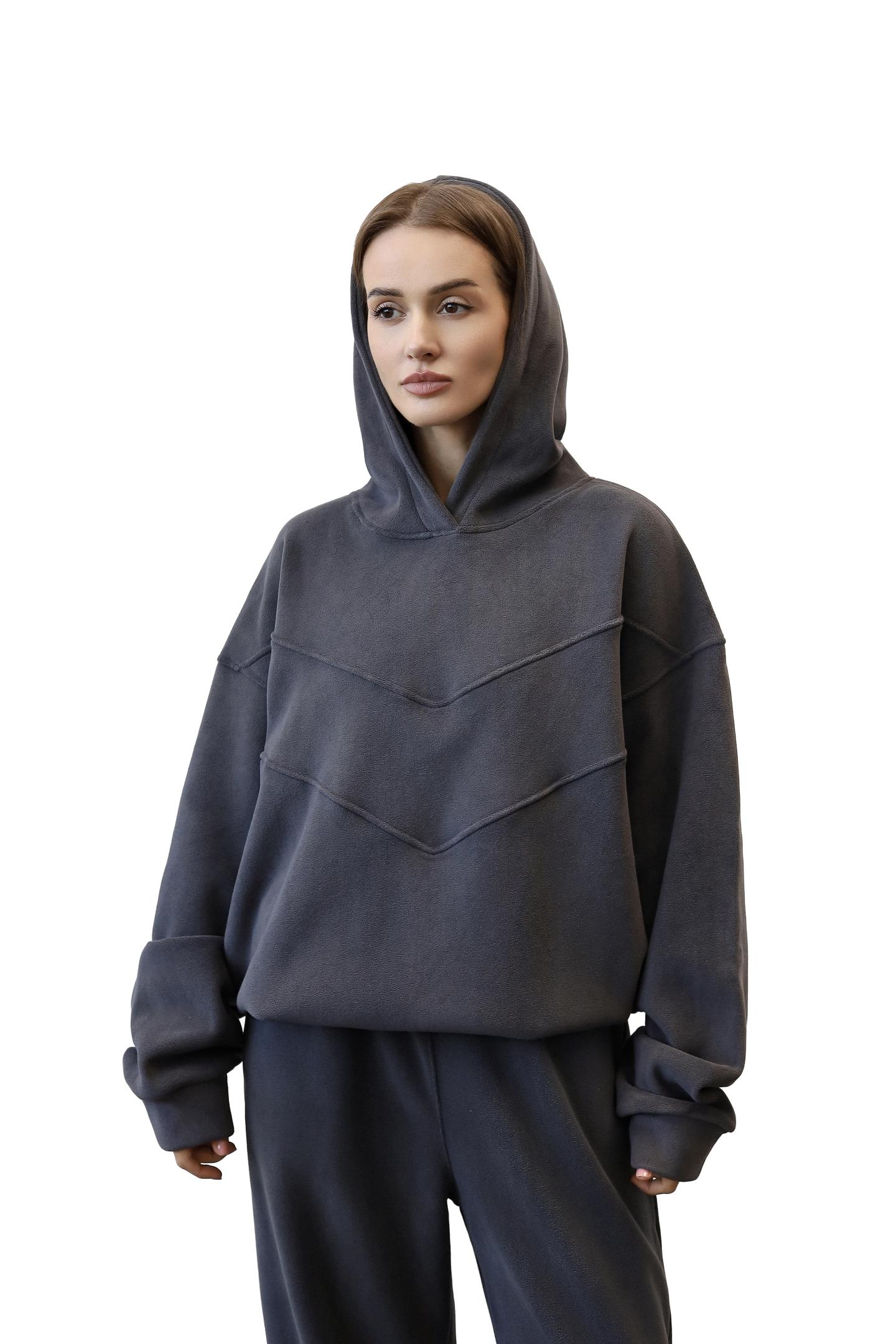 Флісове худі oversize з декоративними швами Антрацит